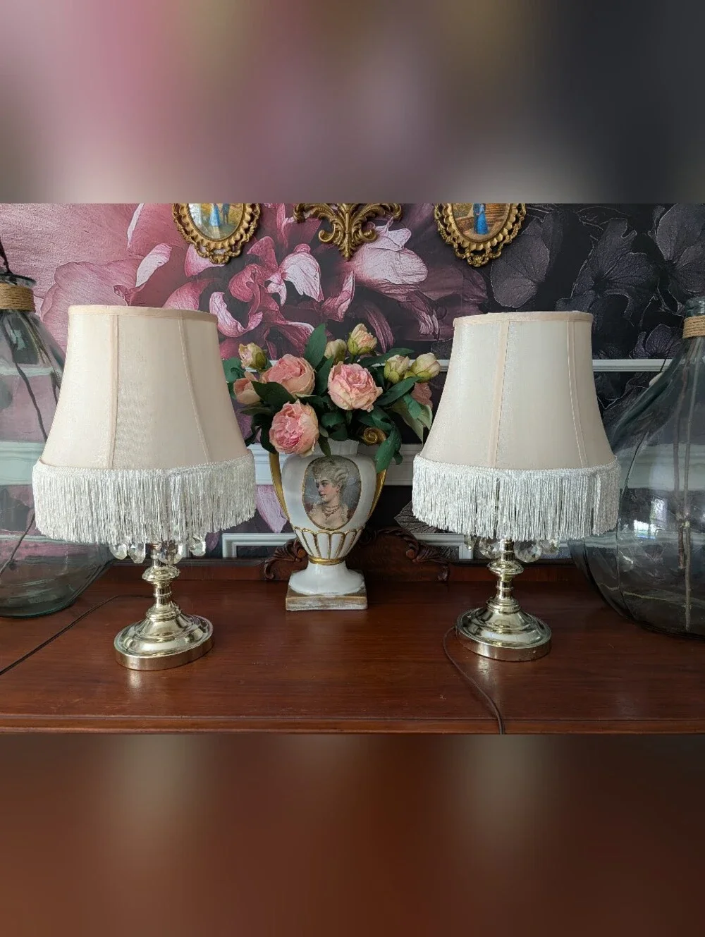 VTG, Set of 2, Regency Crystal Prism Accent, Polished Gold Metal Column LampS